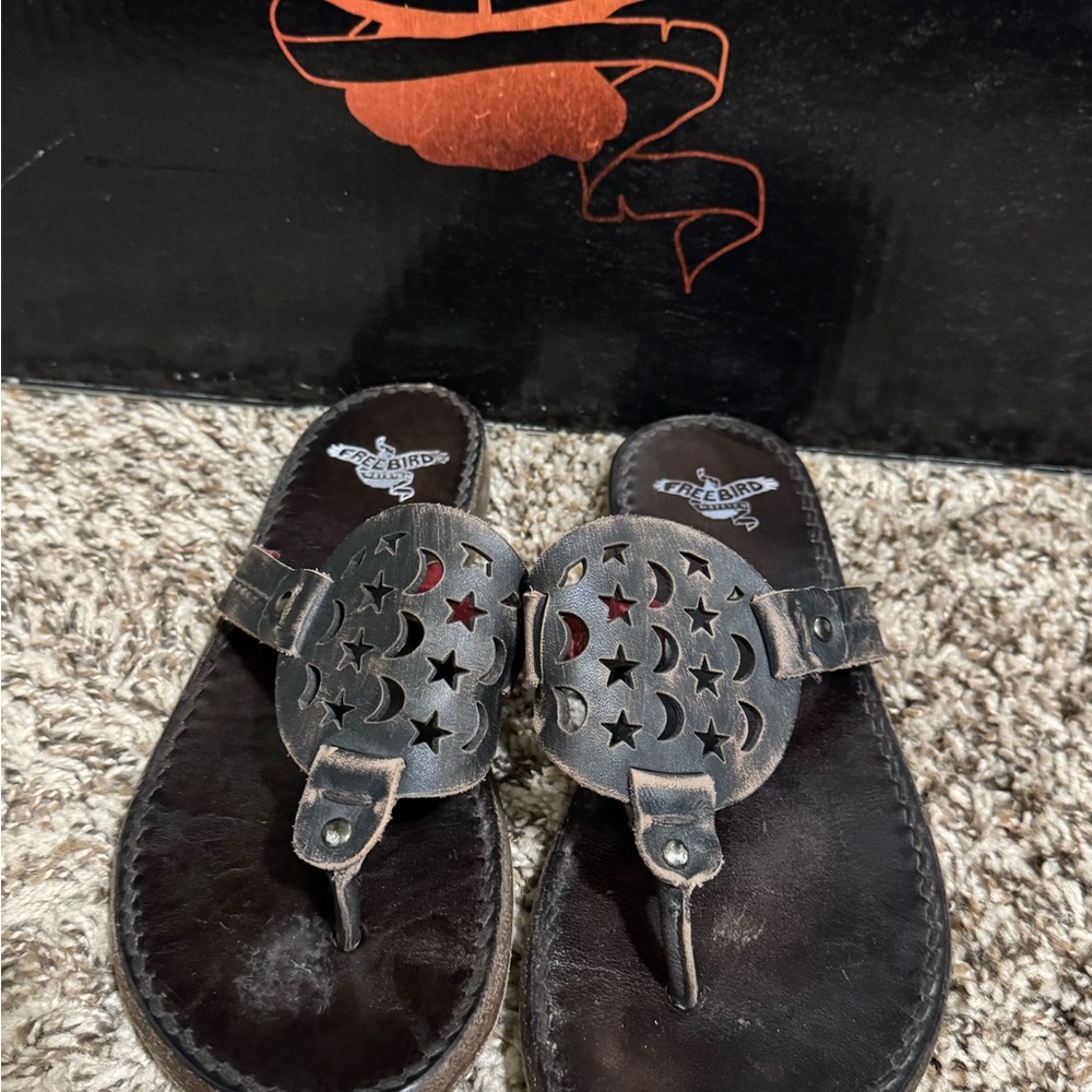 freebird Black Leather Thong Sandals with Star & Moon Cutouts